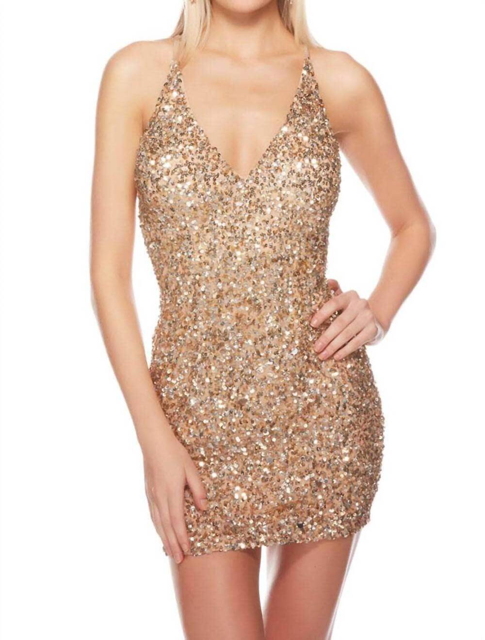 NEW ALYCE PARIS open back sheath cocktail mini dress in champagne